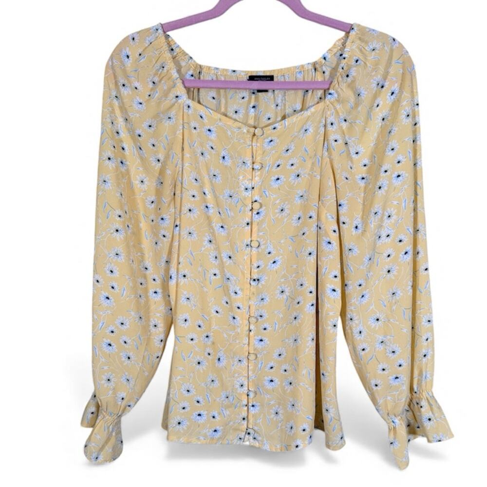 Ann Taylor Yellow Floral Peasant Blouse Womens S Long Sleeve Button Front Shirt